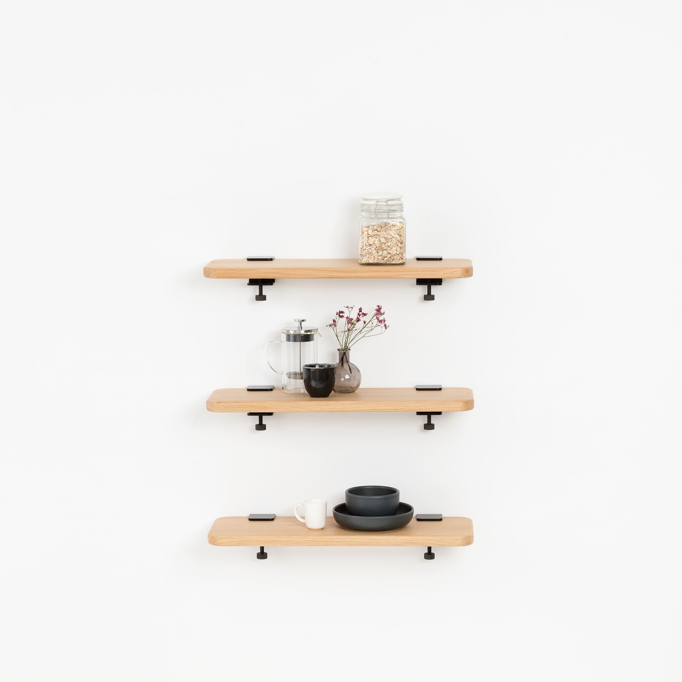 Set of 3 BRACKET wall shelves - solid oak - 60 to 150cm